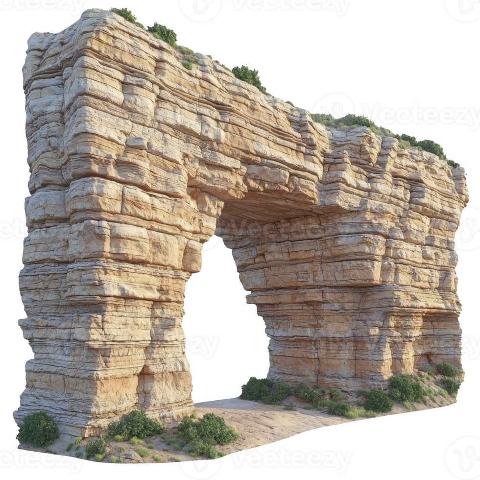 natural rock arch formation stands majestically, showcasing layers of sedimentary rock with green vegetation on top, under clear sky. arch texture and colors create stunning visual png