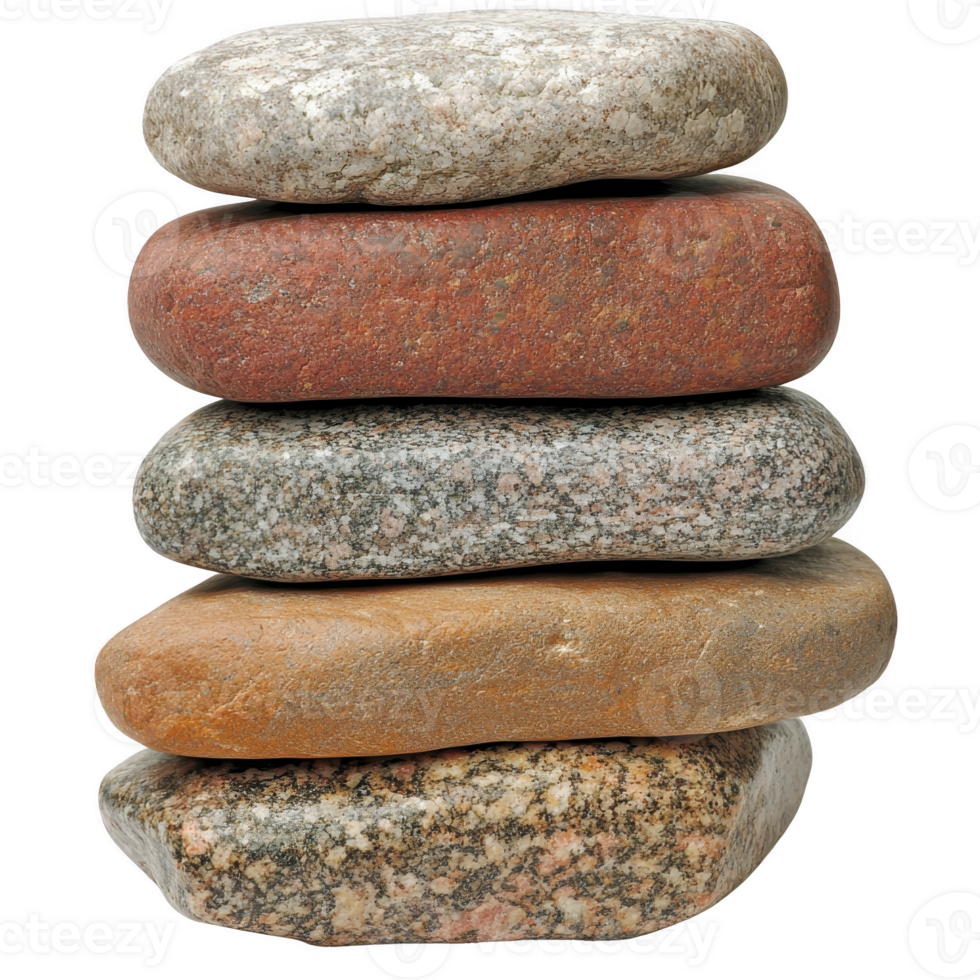 stack of five smooth stones in varying earthy tones, including gray, red, and brown, is balanced vertically. stones are rounded and polished, creating harmonious and natural arrangement png