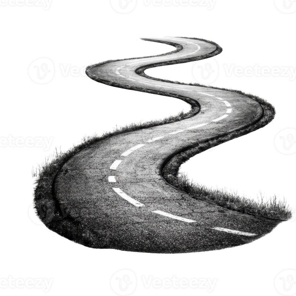 winding road with white dashed lines curves through black and white landscape, evoking sense of journey and adventure. road is bordered by grass, adding texture to scene png