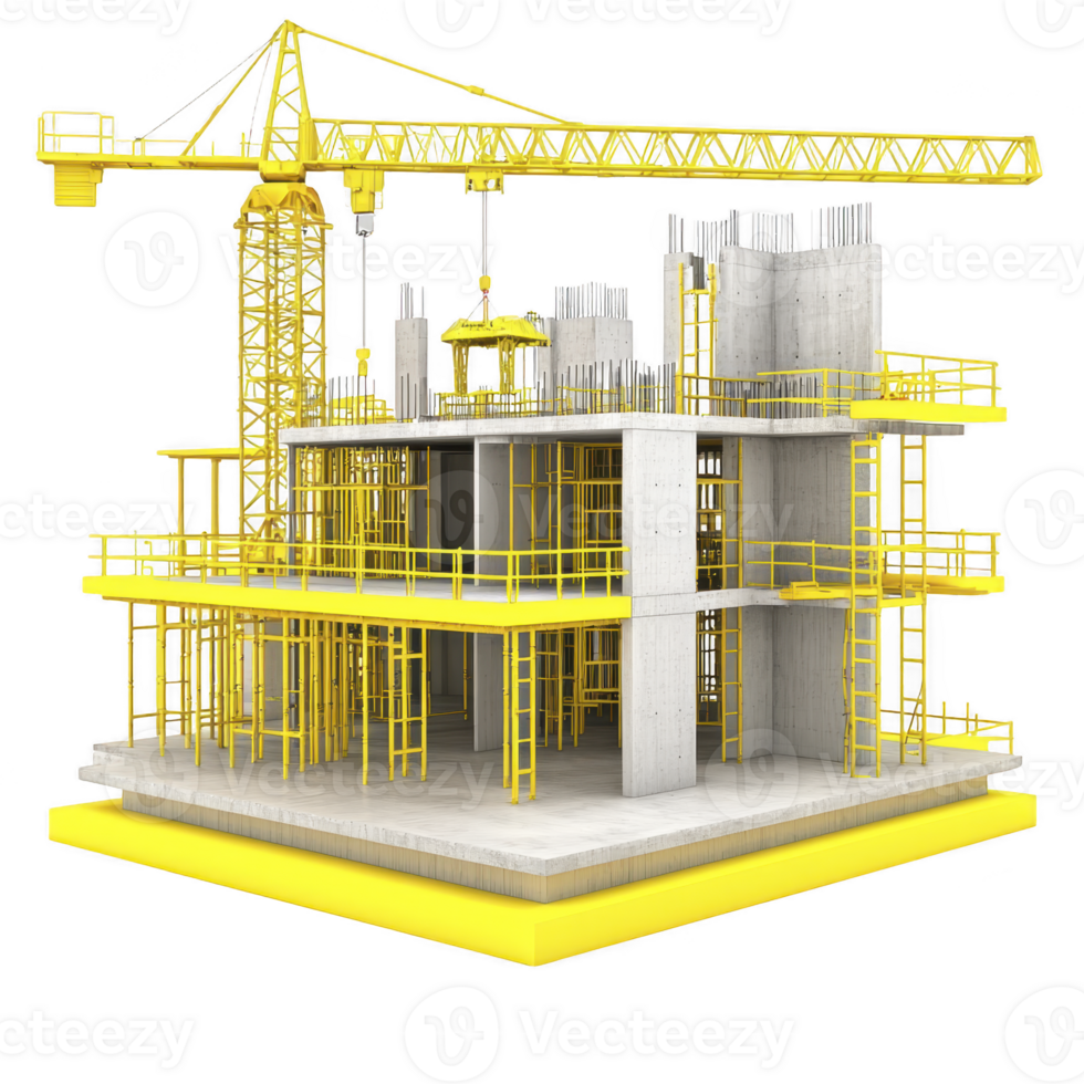 3D model of building under construction features yellow tower crane and scaffolding, with concrete floors and columns. structure is partially built, showcasing modern construction techniques png