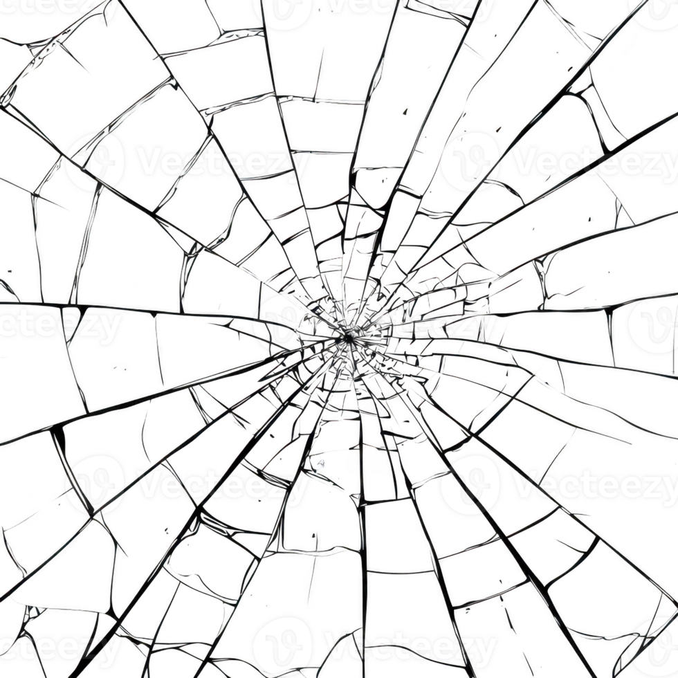 shattered glass pattern creates intricate web of cracks against transparency background, evoking sense of chaos and fragility. radial design draws eye to center png