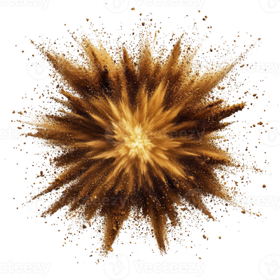 dynamic explosion of brown and beige powder creates starburst effect against transparency background, capturing sense of energy and motion. particles radiate outward, forming sharp, spiky patterns png