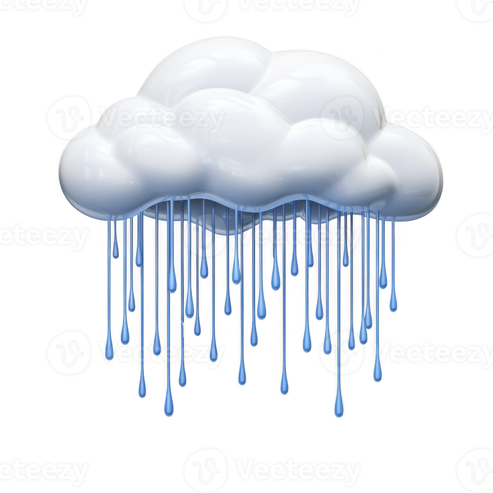 fluffy white cloud with blue raindrops falling from it, creating whimsical and playful atmosphere. cloud appears soft and cartoon like, with glossy texture png