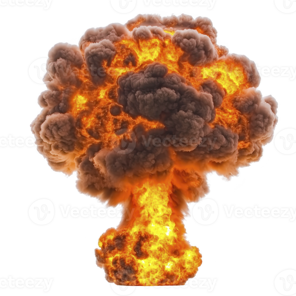 fiery explosion with large mushroom cloud of smoke and flames, creating dramatic and intense scene. image captures power and energy of massive blast png