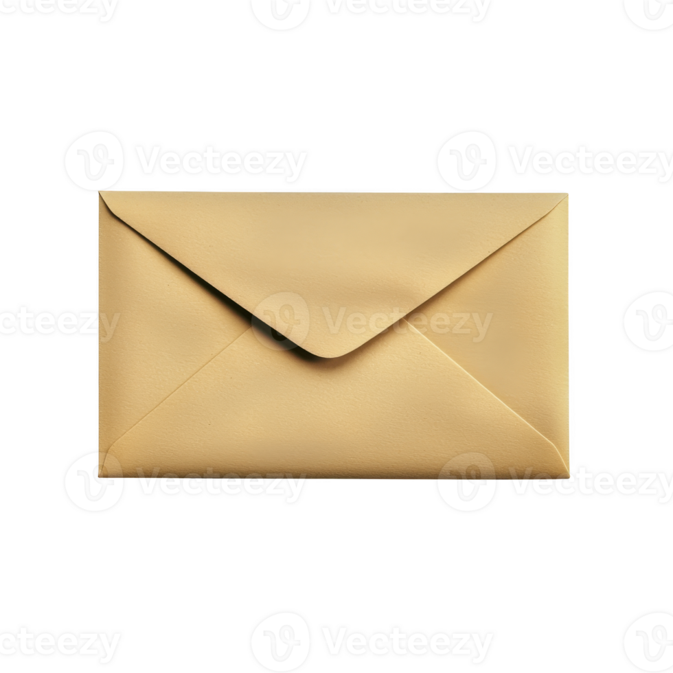 plain beige envelope is centered against transparency background, showcasing its simple and classic design. envelope is closed, with triangular flap neatly folded over back png