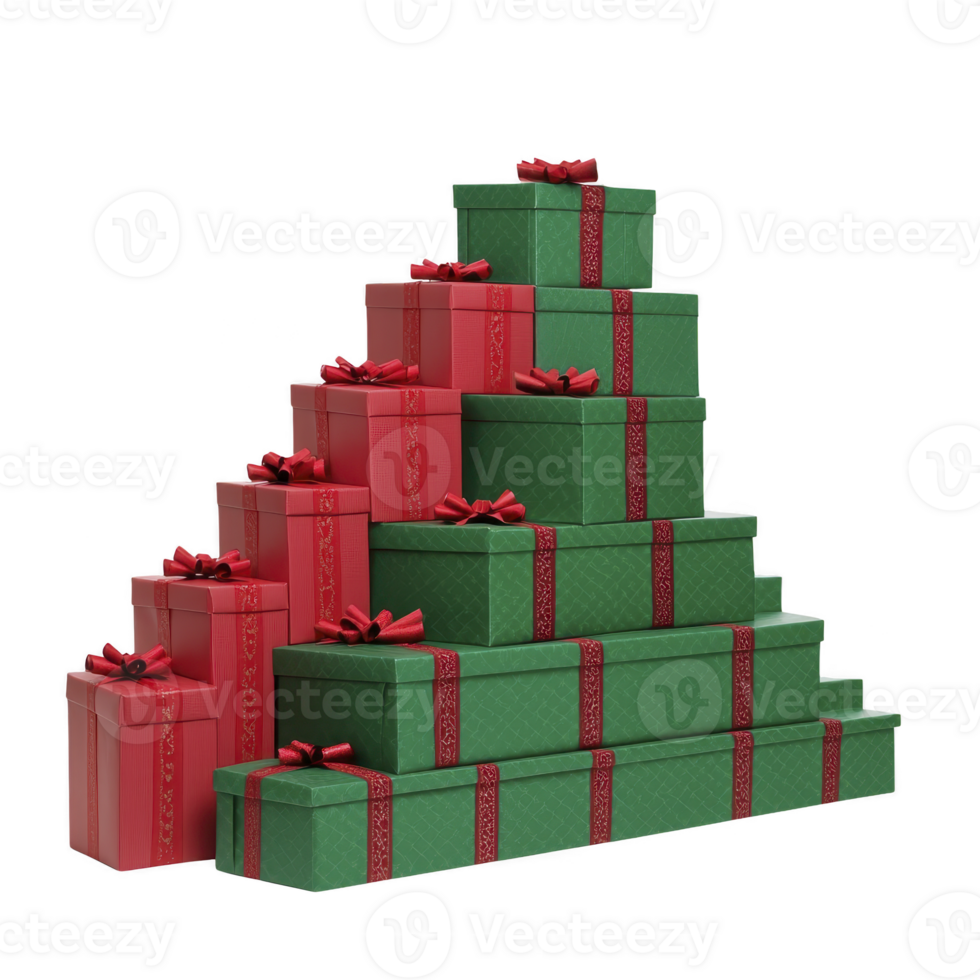 pyramid of beautifully wrapped red and green gift boxes with ribbons, evoking festive and joyful holiday atmosphere png