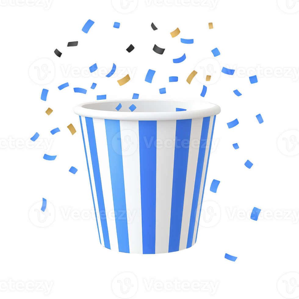 blue and white striped paper cup is surrounded by colorful confetti, creating festive and celebratory atmosphere. cup design is simple yet eye catching, perfect for parties or events png