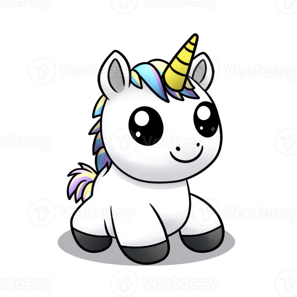 cute cartoon unicorn with colorful mane and golden horn sits happily, exuding playful and magical vibe. Its large, expressive eyes add to its charm and whimsy png