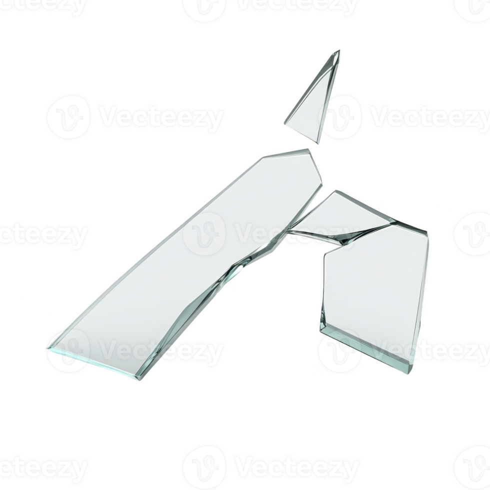 collection of broken glass shards isolated on transparency background, showcasing sharp edges and reflective surfaces. fragments vary in size and shape, creating abstract and dynamic composition png