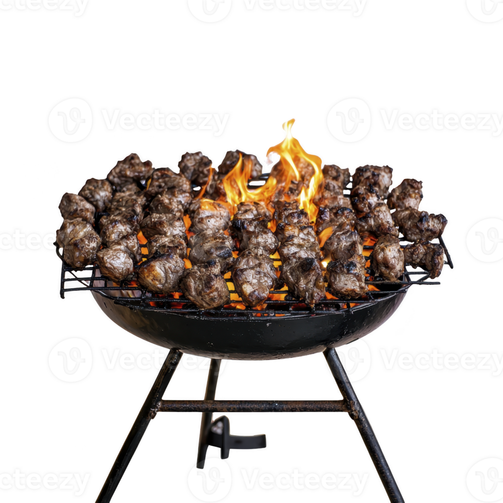 Grilled meat skewers sizzling over open flame on round barbecue grill, creating mouthwatering and smoky aroma. Perfect for outdoor cooking and gatherings png