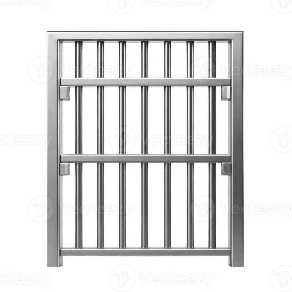 sturdy metal gate with vertical bars and rectangular frame, designed for security and durability. gate sleek silver finish adds modern touch, suitable for various settings png
