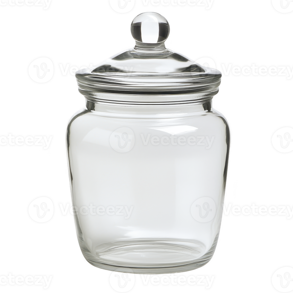 clear glass jar with round lid and knob, perfect for storing kitchen items or decorative purposes. transparent design adds touch of elegance to any space png