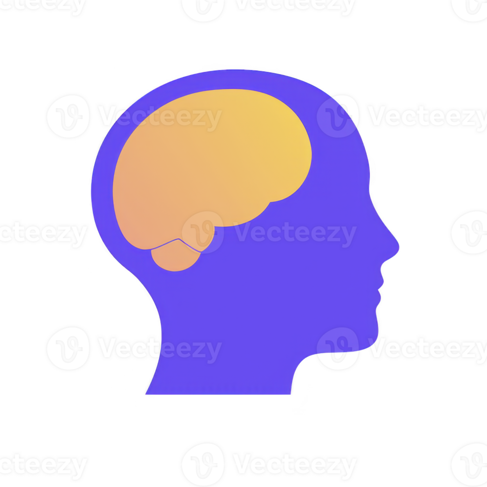 silhouette of human head with stylized brain inside, symbolizing intelligence and thought. head is blue, and brain is depicted in gradient of orange and yellow png
