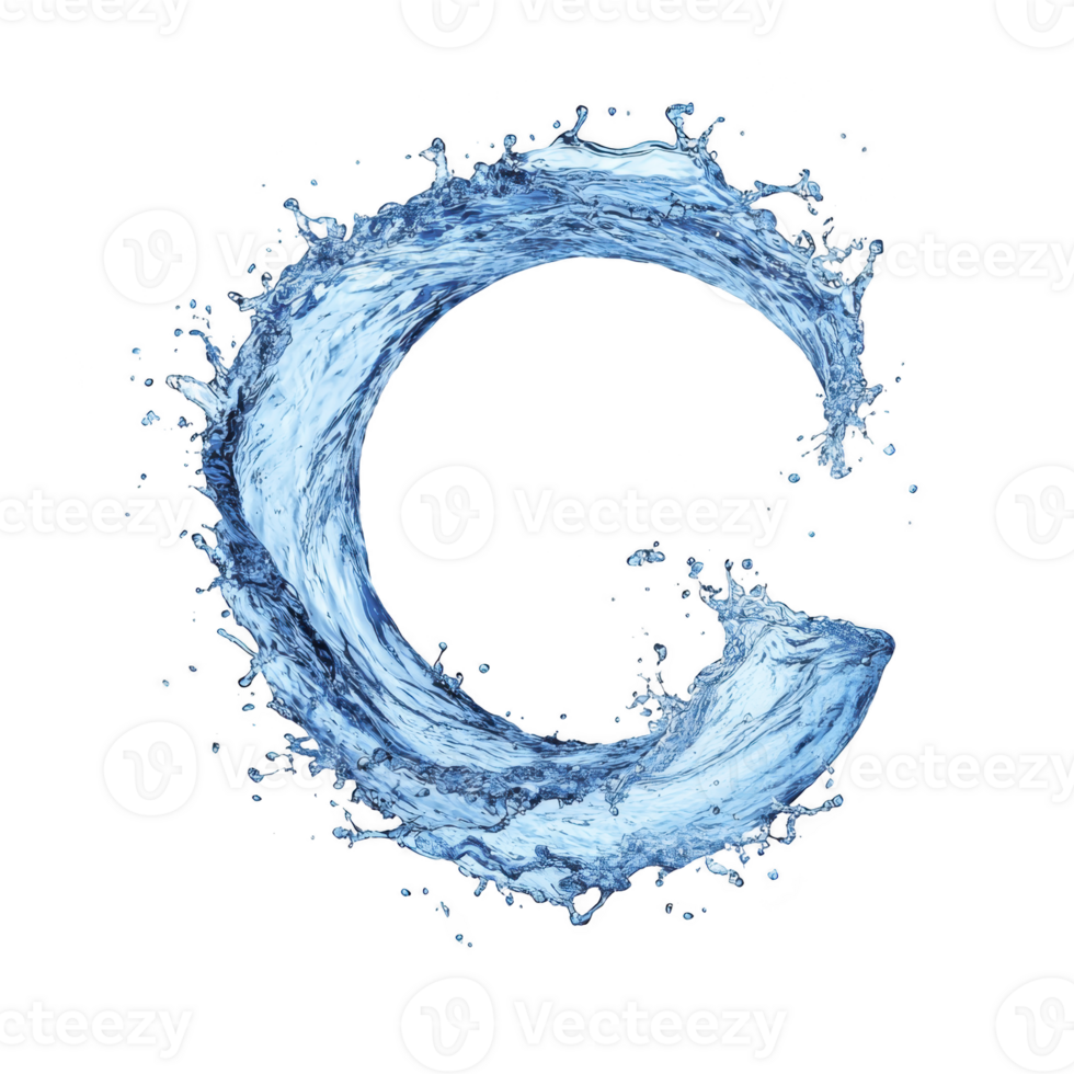 dynamic splash of water forms shape of letter C against transparency background, capturing motion and fluidity. vivid blue tones and realistic texture create sense of freshness and energy png