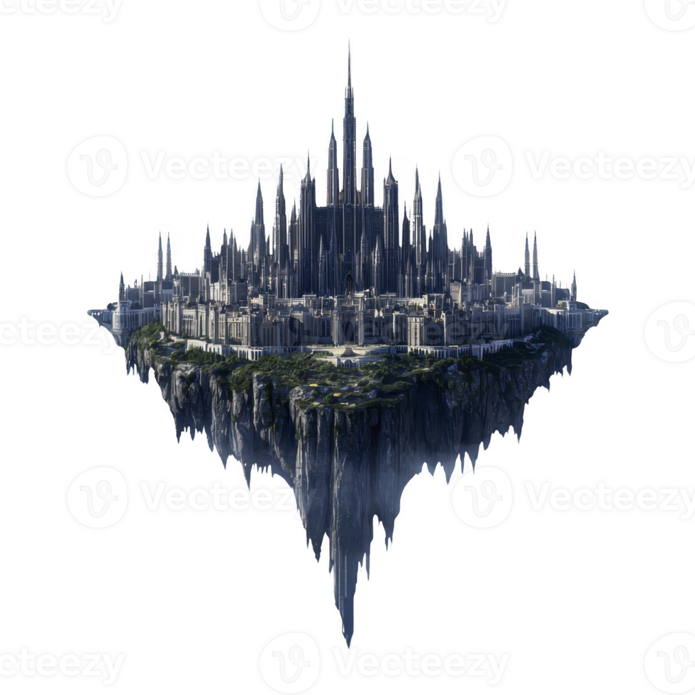 futuristic floating city hovers in sky, featuring sleek skyscrapers and lush greenery. cityscape blends advanced architecture with natural elements, creating harmonious vision of urban life png