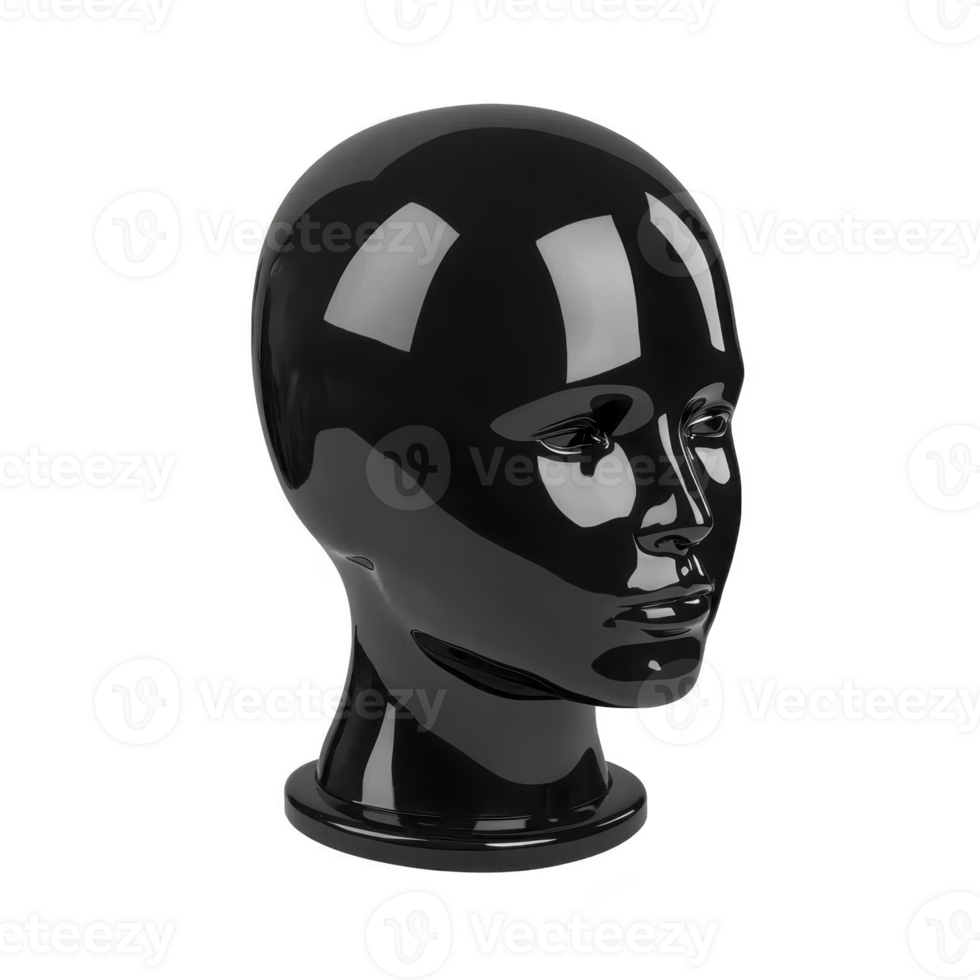 glossy black mannequin head with smooth surface and reflective finish, often used for displaying hats, wigs, or accessories in retail settings. sleek design adds modern touch png