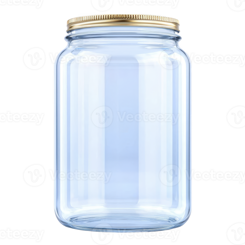 clear glass jar with gold metal lid is shown, perfect for storing food or organizing small items. jar transparent design allows easy visibility of contents, adding touch of simplicity and elegance png