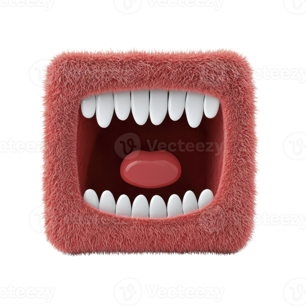 surreal, furry cube with large open mouth and white teeth creates whimsical and bizarre visual. pink fur texture contrasts with smooth teeth, adding playful touch png