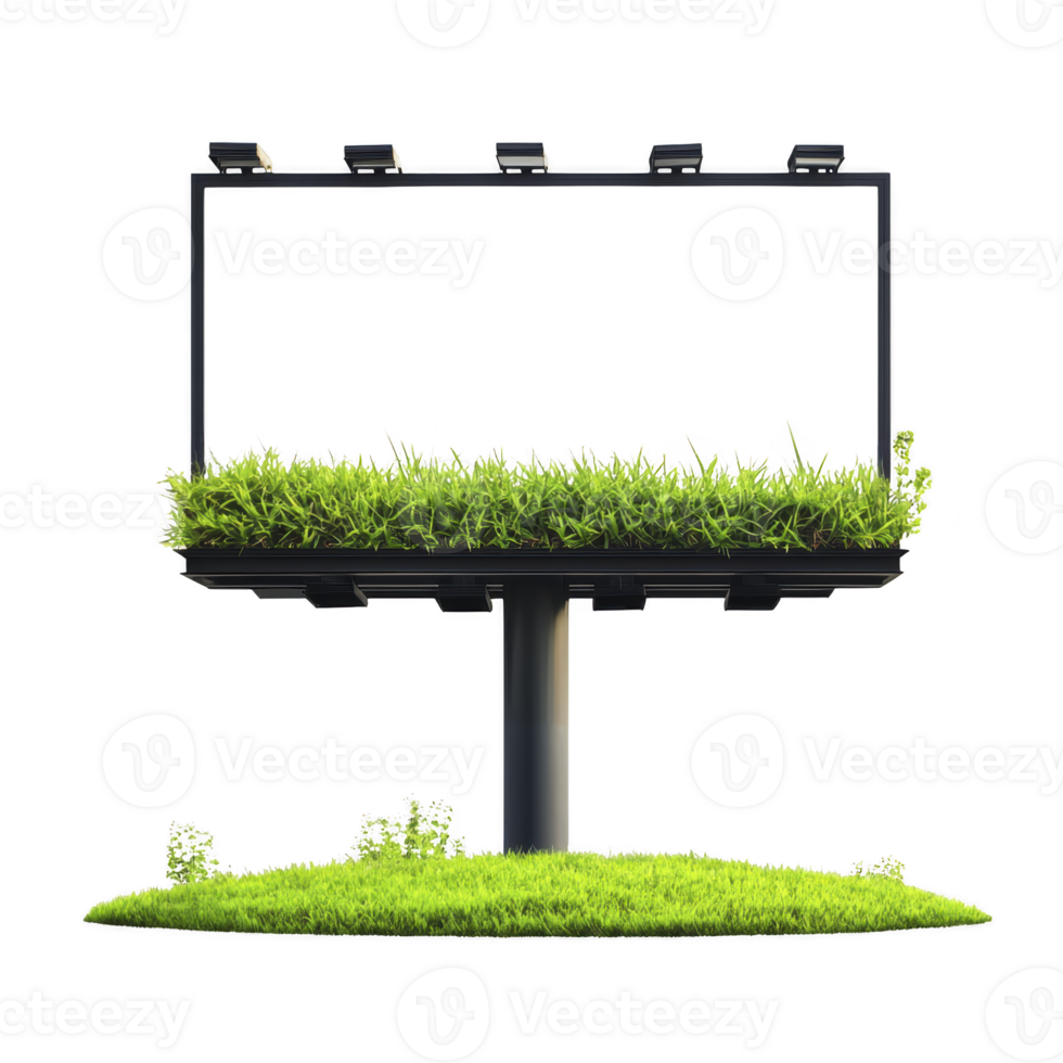 blank billboard stands on grassy base, surrounded by lush green grass, symbolizing nature and advertising. scene is serene and eco friendly, highlighting blend of urban and natural elements png