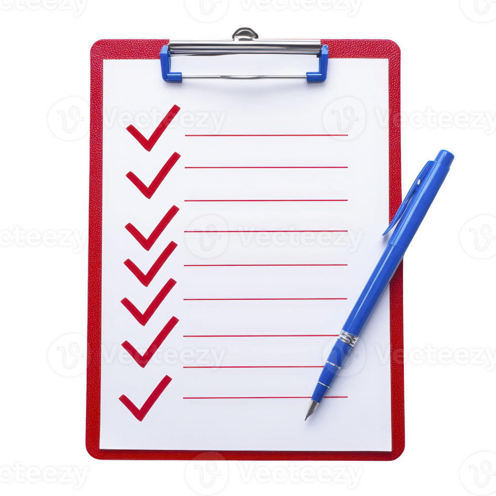 red clipboard with checklist and blue pen is shown, featuring red checkmarks on white paper. image conveys organization and planning png