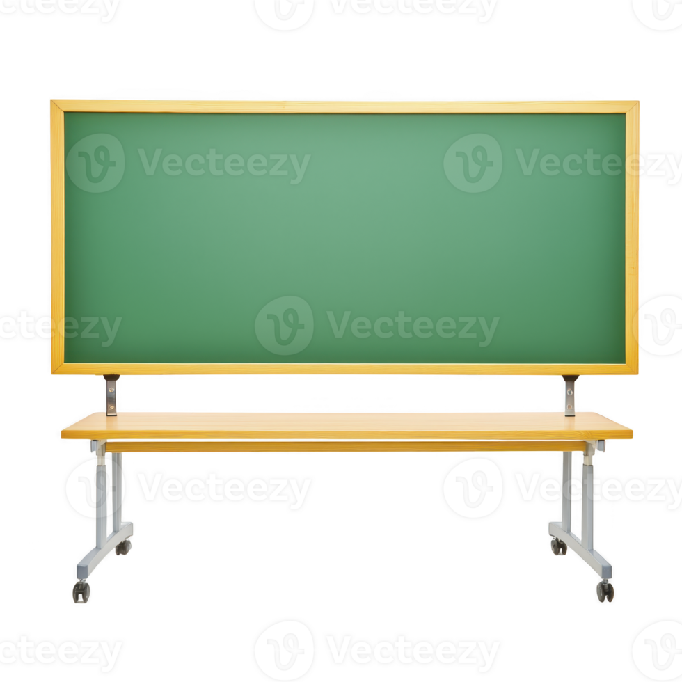 large green chalkboard with wooden frame and metal legs on wheels is set against plain background, ready for educational use png
