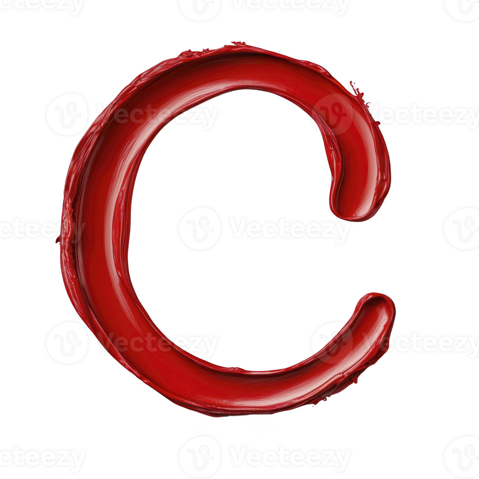 Red letter C painted with bold brush strokes on transparency background, showcasing vibrant and artistic style. texture and color create striking visual impact png