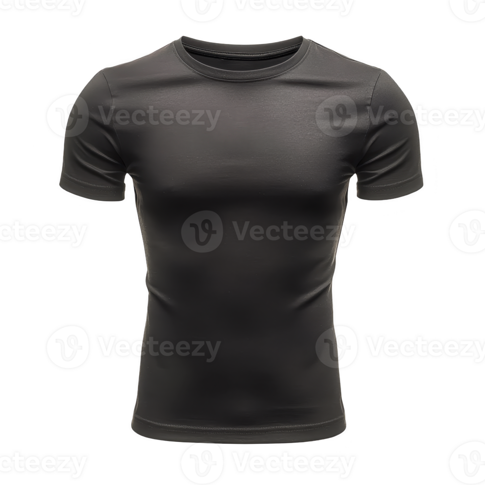 plain black t shirt is displayed against transparency background, showcasing its simple and classic design. short sleeved shirt is fitted, highlighting its casual and versatile style png
