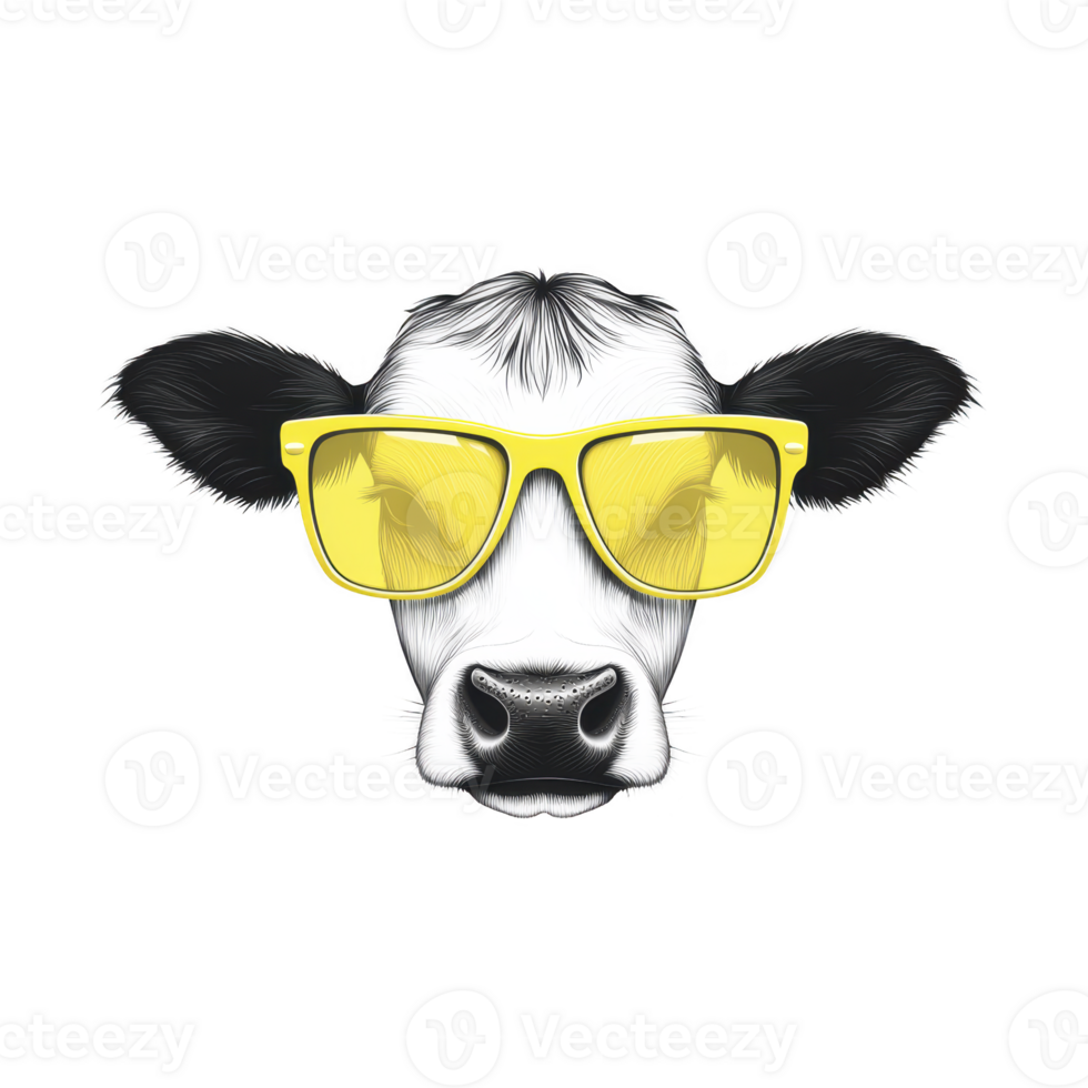 cow wearing bright yellow sunglasses, creating playful and humorous vibe. illustration features detailed fur and realistic style against plain background png