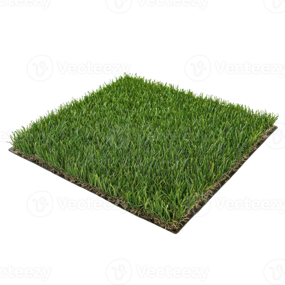 square piece of artificial grass with lush green blades is displayed, showcasing its realistic texture and vibrant color. synthetic turf is ideal for landscaping and sports fields png