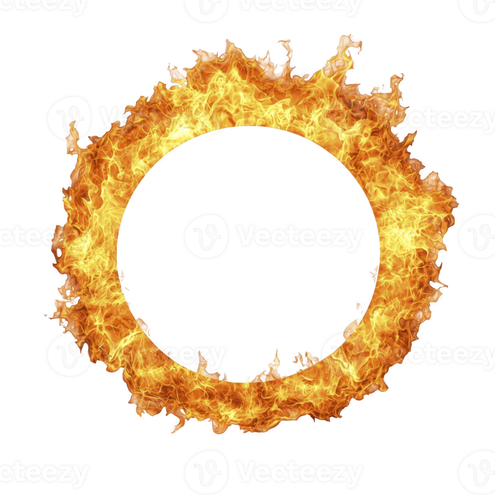 fiery ring of flames forms perfect circle, creating dynamic and intense visual. bright orange and yellow hues of fire contrast sharply against transparency background, evoking sense of energy png