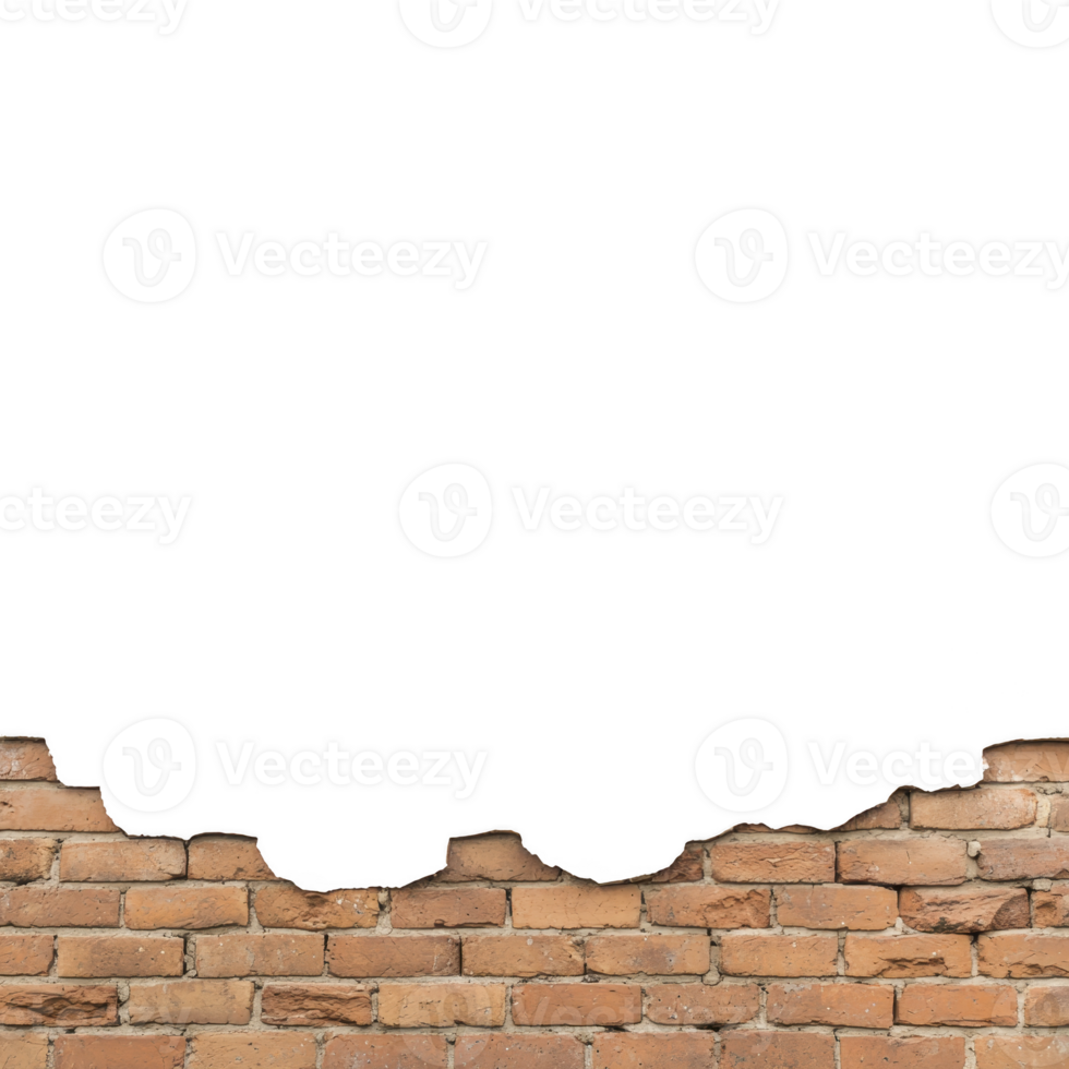 torn brick wall with jagged top edge reveals transparency background, creating dramatic contrast. exposed bricks are weathered, adding rustic and aged appearance to scene png