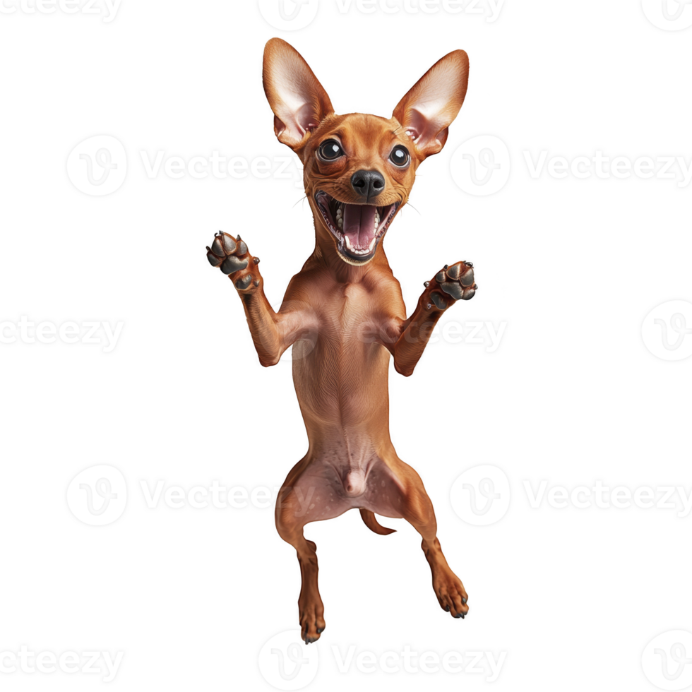 joyful, cartoon style illustration of small, excited dog with large ears and big smile, standing on its hind legs. dog appears energetic and playful, conveying sense of happiness png