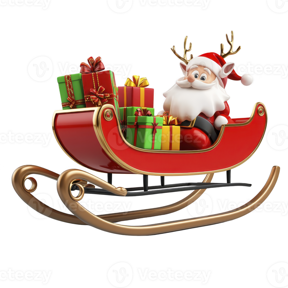 cheerful Santa Claus sits in red sleigh filled with colorful wrapped gifts, ready for Christmas delivery. sleigh features golden runners and festive decorations, evoking holiday joy png