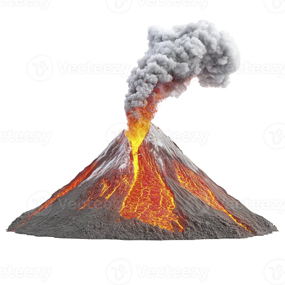dramatic volcanic eruption with fiery lava flowing down slopes and thick smoke billowing into sky, showcasing raw power of nature png