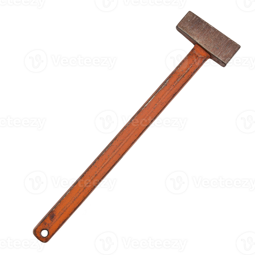 vintage wooden mallet with long orange handle and rectangular head, showing signs of wear and age, isolated on transparency background png