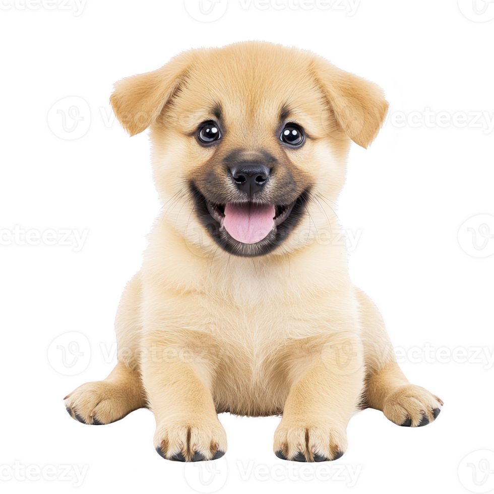 cute, happy puppy with fluffy coat sits against transparency background, showcasing its playful and joyful expression png
