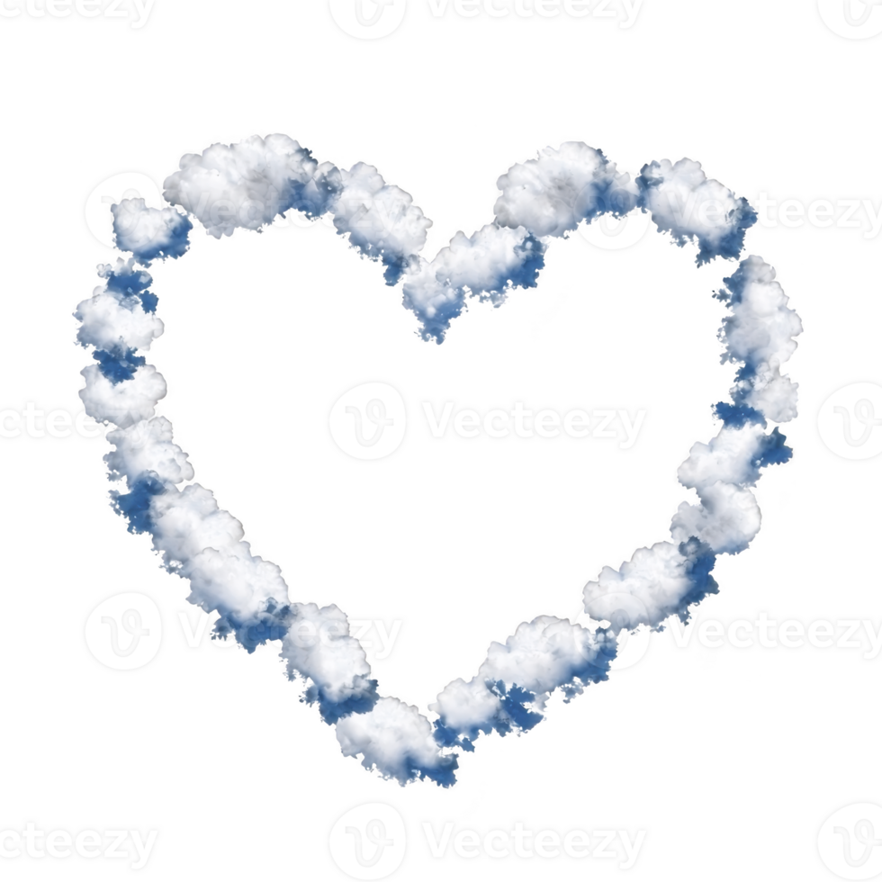 heart shaped cloud formation against clear blue sky, symbolizing love and serenity. fluffy white clouds create soft and dreamy atmosphere, perfect for romantic or peaceful themes png