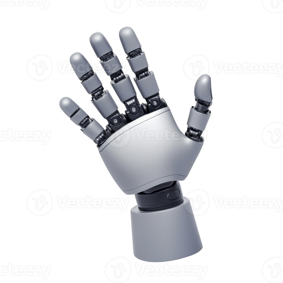 sleek robotic hand with articulated fingers is shown, showcasing advanced technology and innovation. metallic design highlights precision engineering and futuristic aesthetics png