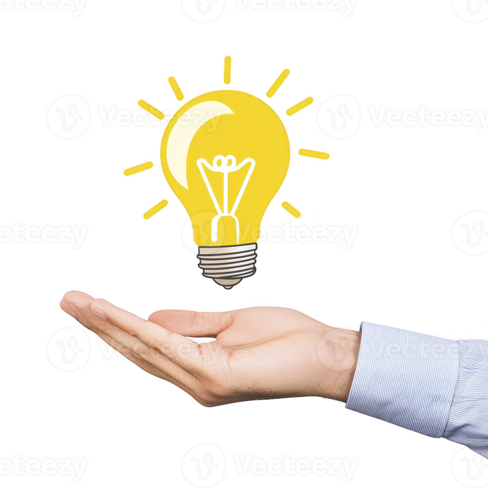 hand in blue shirt sleeve is holding glowing yellow light bulb, symbolizing creativity and innovation. light bulb is illuminated, representing bright idea or inspiration png