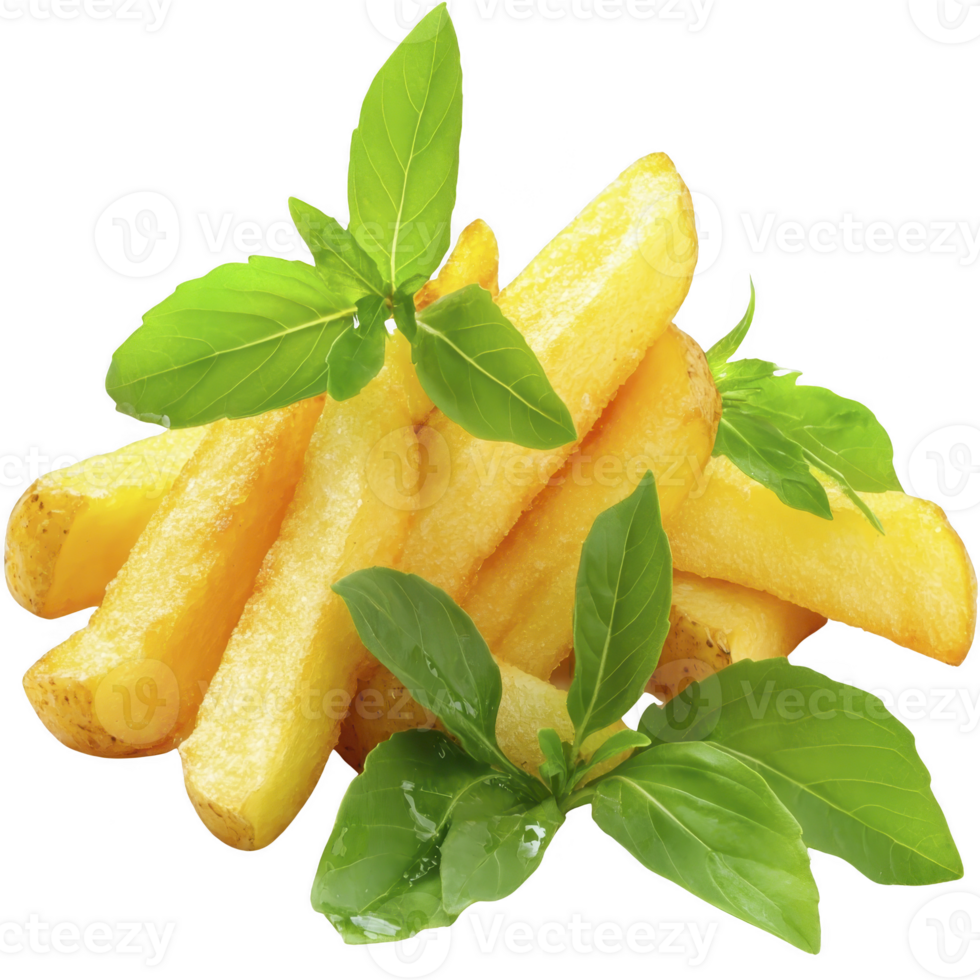 Golden crispy potato wedges garnished with fresh green basil leaves, creating vibrant and appetizing presentation. combination of textures and colors enhances visual appeal png