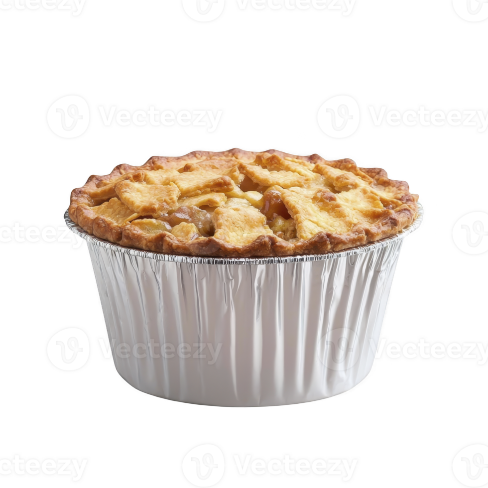delicious homemade apple pie with golden, flaky crust is presented in foil container, showcasing its rustic charm and inviting aroma png