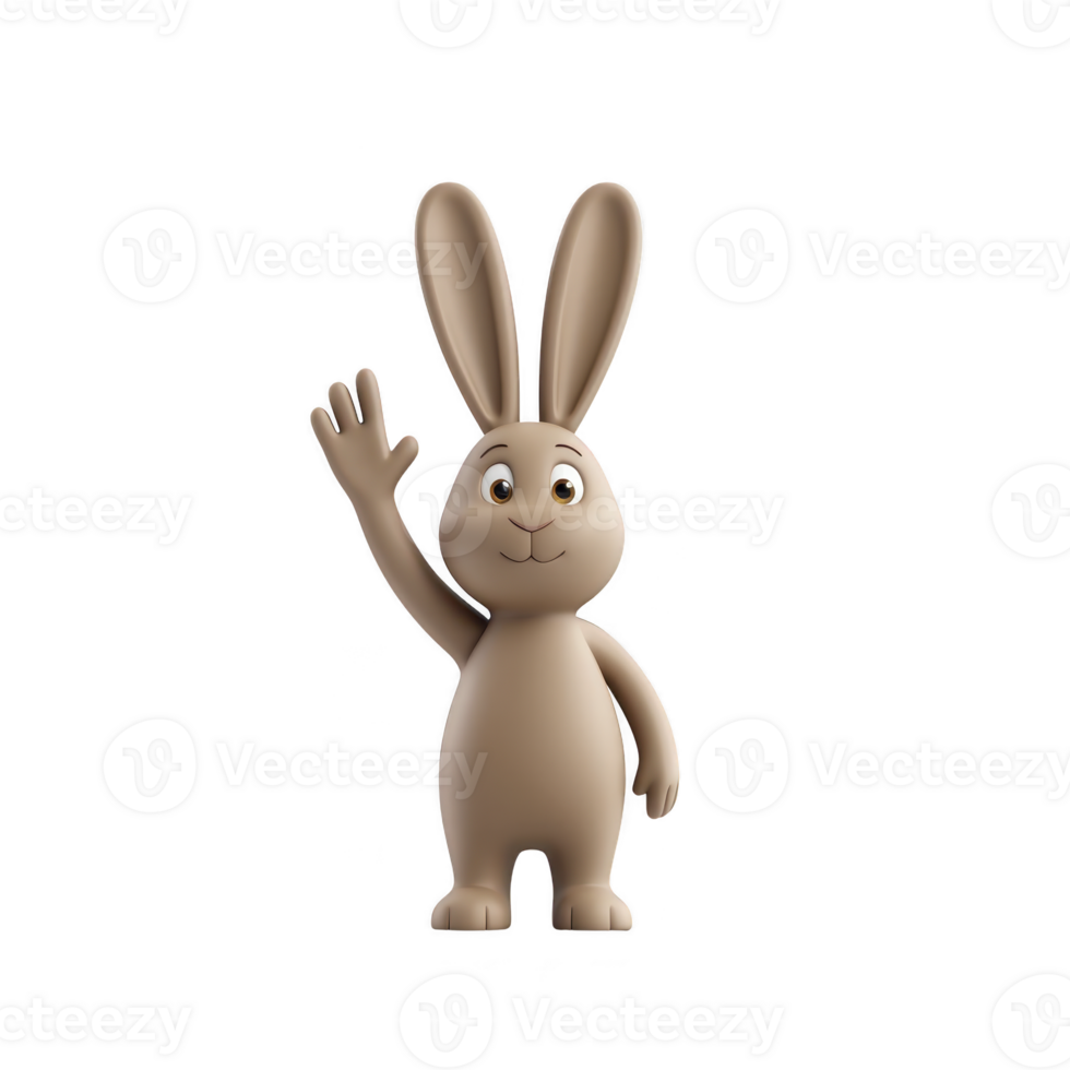 cute cartoon rabbit stands upright, waving cheerfully with one hand raised. rabbit has large ears and friendly expression, conveying sense of warmth and friendliness png