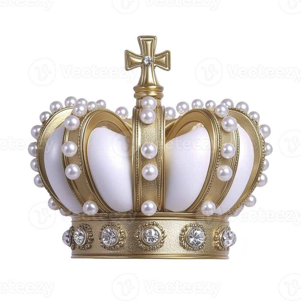 luxurious gold crown adorned with pearls and gemstones, featuring cross on top, symbolizes royalty and elegance. intricate design and opulent materials convey sense of grandeur png
