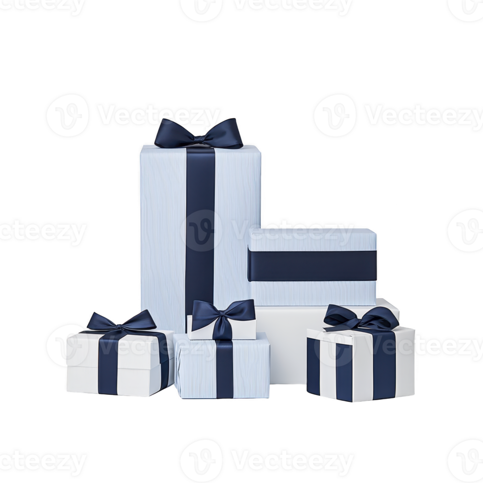 Gift boxes with blue ribbons arranged in festive display, creating elegant and celebratory atmosphere. boxes vary in size and are wrapped in white paper with navy blue accents png
