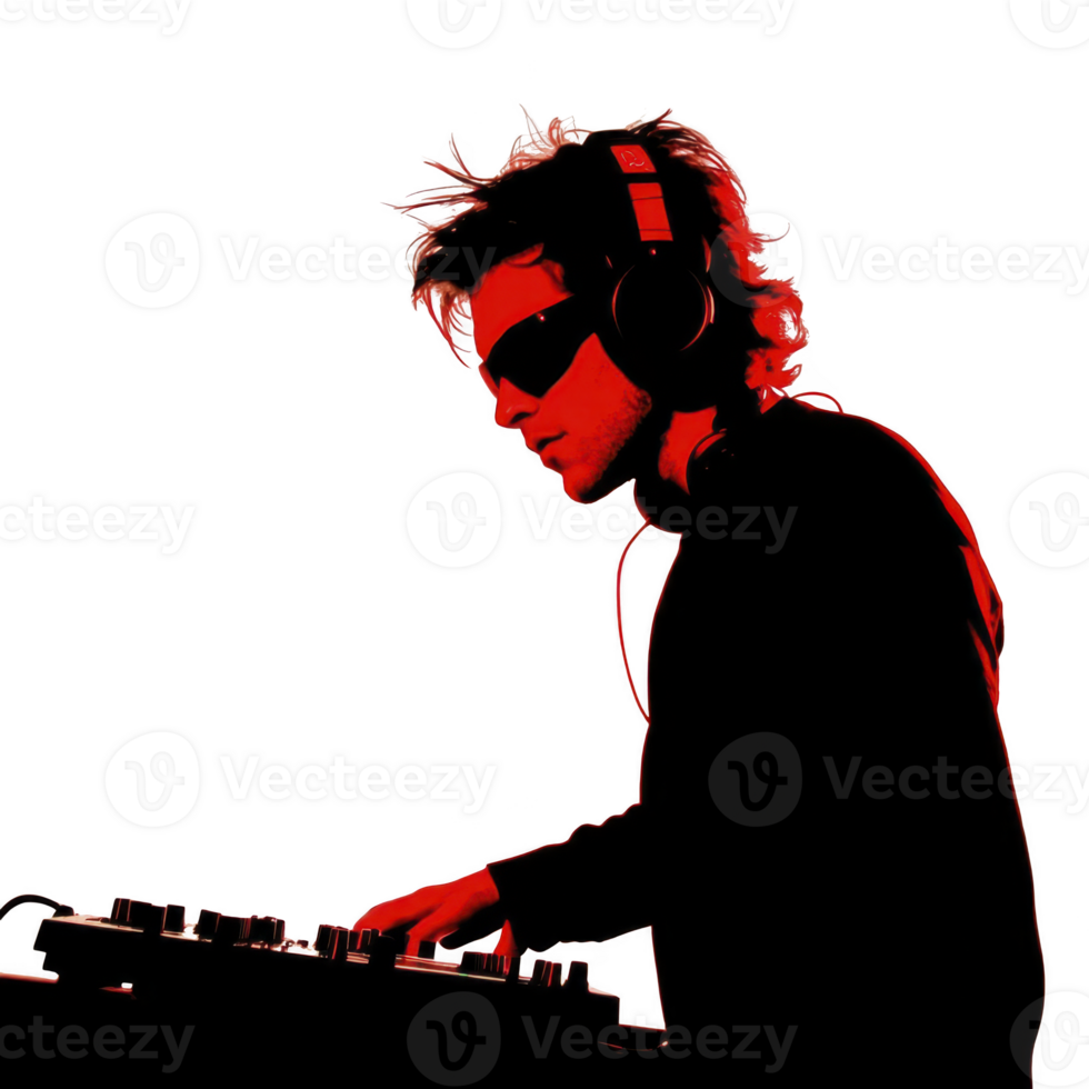 DJ wearing headphones and sunglasses is intensely focused on mixing music at turntable, with striking red and black color scheme creating dynamic and energetic atmosphere png