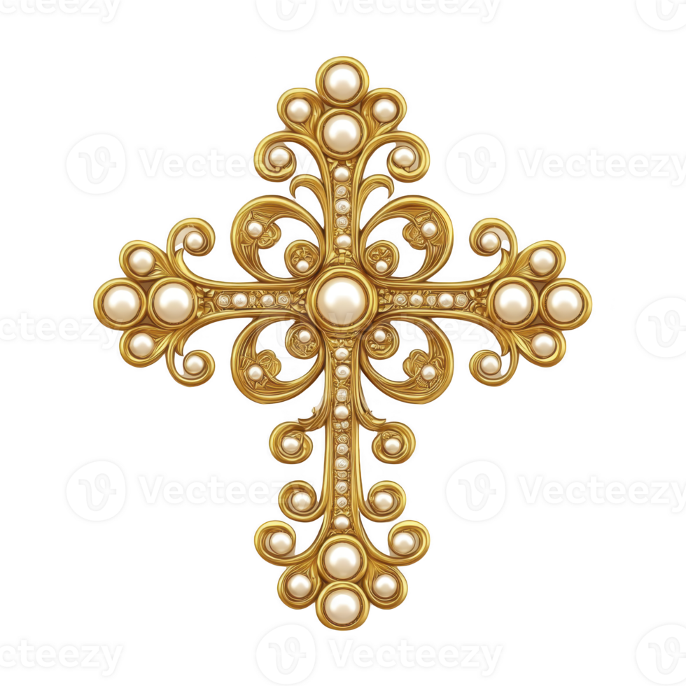 Ornate gold cross adorned with pearls, featuring intricate swirling patterns and luxurious design, symbolizing elegance and spirituality png
