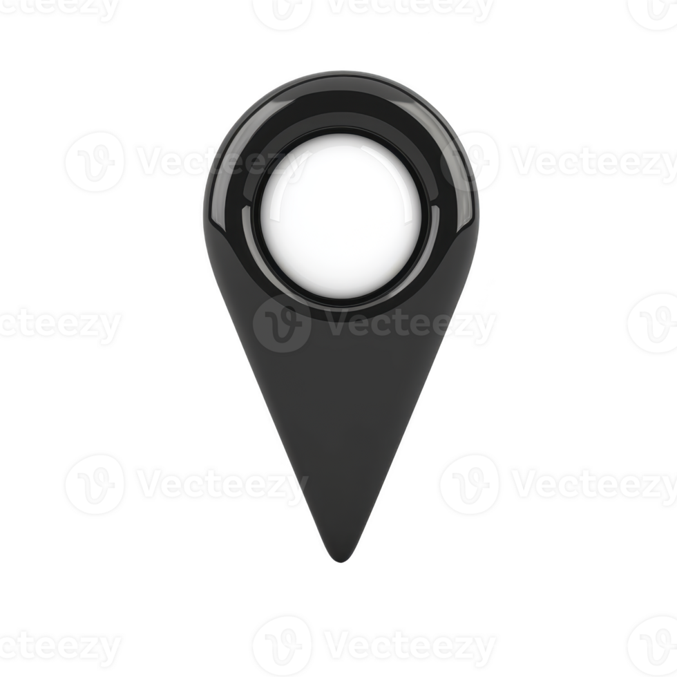 sleek black location pin icon with glossy finish and white center, symbolizing navigation or map markers. design is modern and minimalistic, suitable for digital interfaces png