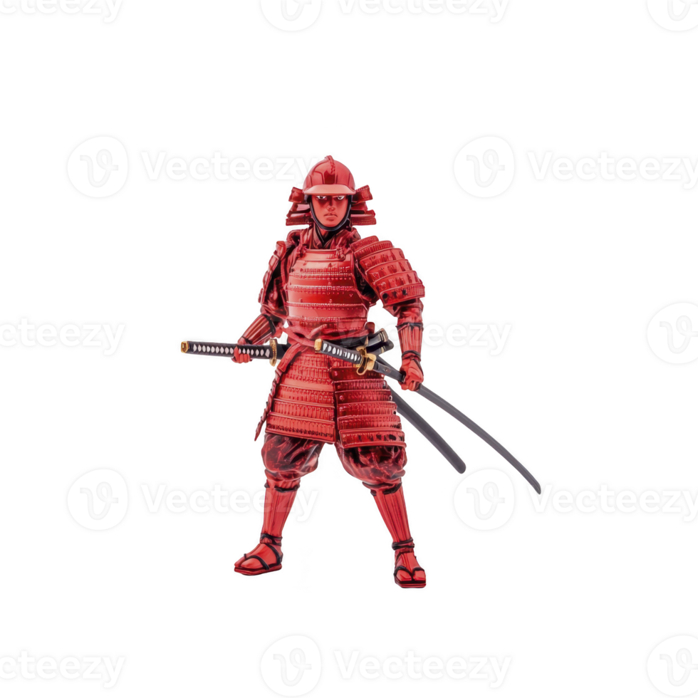 samurai figurine vibrant red armor stands poised with two swords, showcasing traditional Japanese warrior attire. detailed craftsmanship highlights historical and cultural significance of samurai png