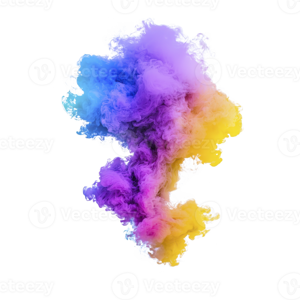 vibrant cloud of colorful smoke swirls in shades of purple, blue, and yellow, creating dynamic and artistic visual effect. abstract formation evokes sense of creativity and imagination png