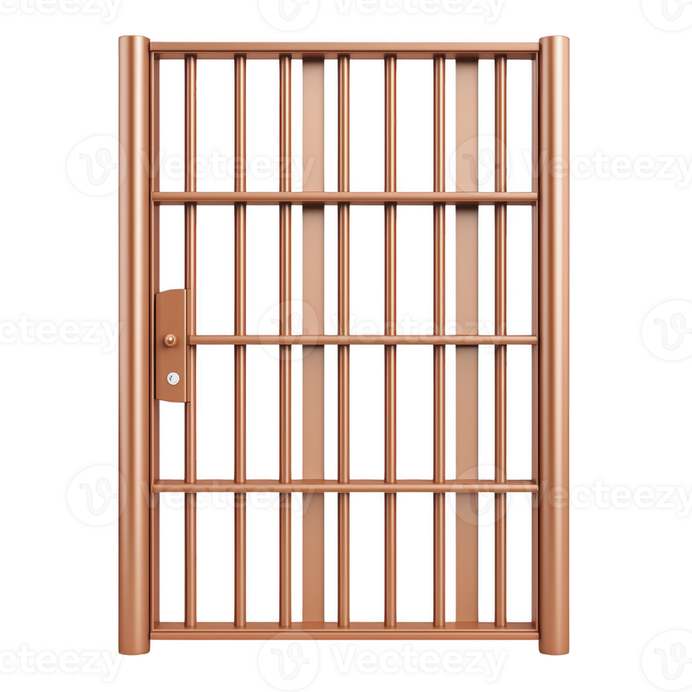 sturdy metal security gate with vertical bars and lock, designed for safety and protection, stands against transparency background. gate brown finish adds touch of elegance png
